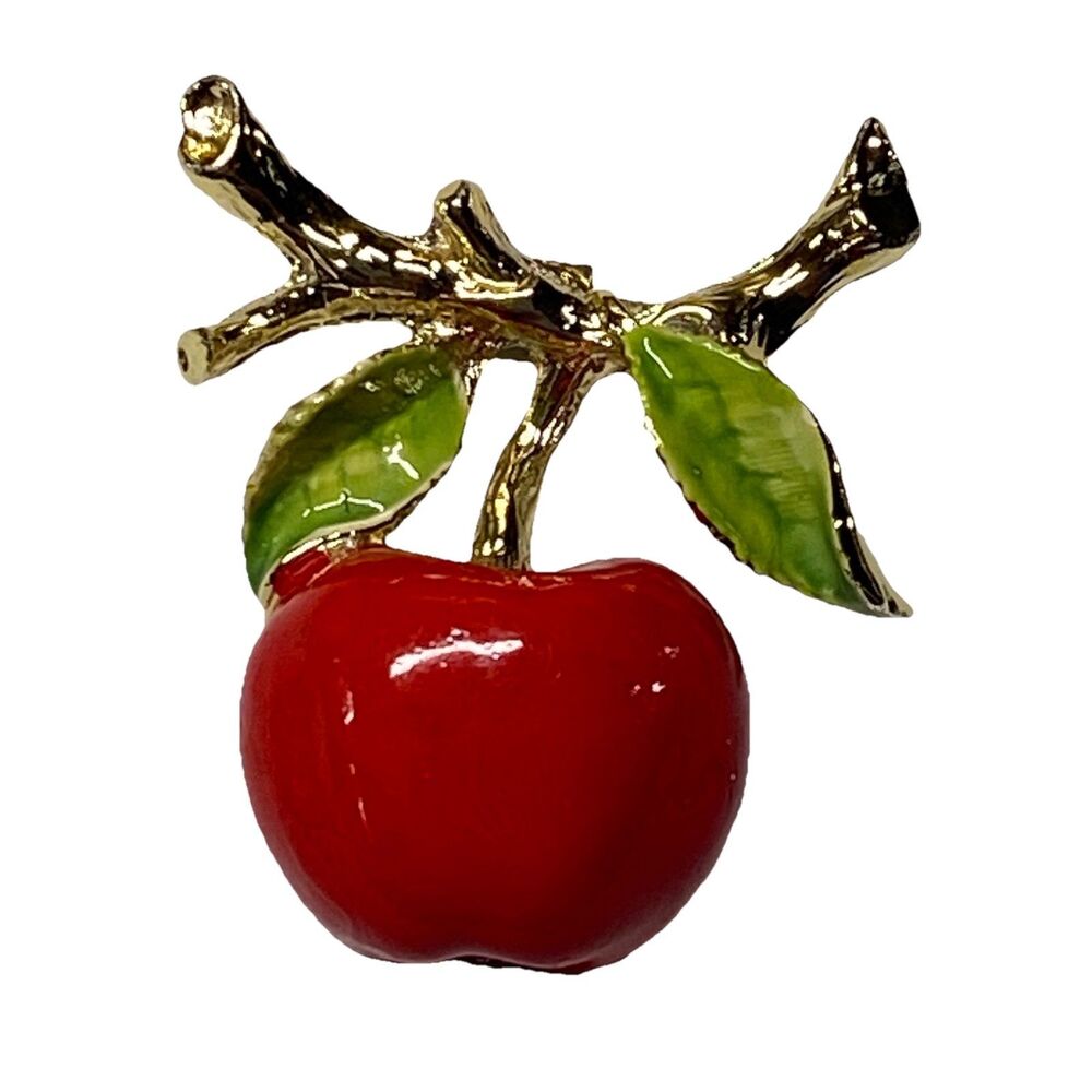 Vintage 1970’s Gerry’s Gold toned Metal Red Apple Enameled & Signed